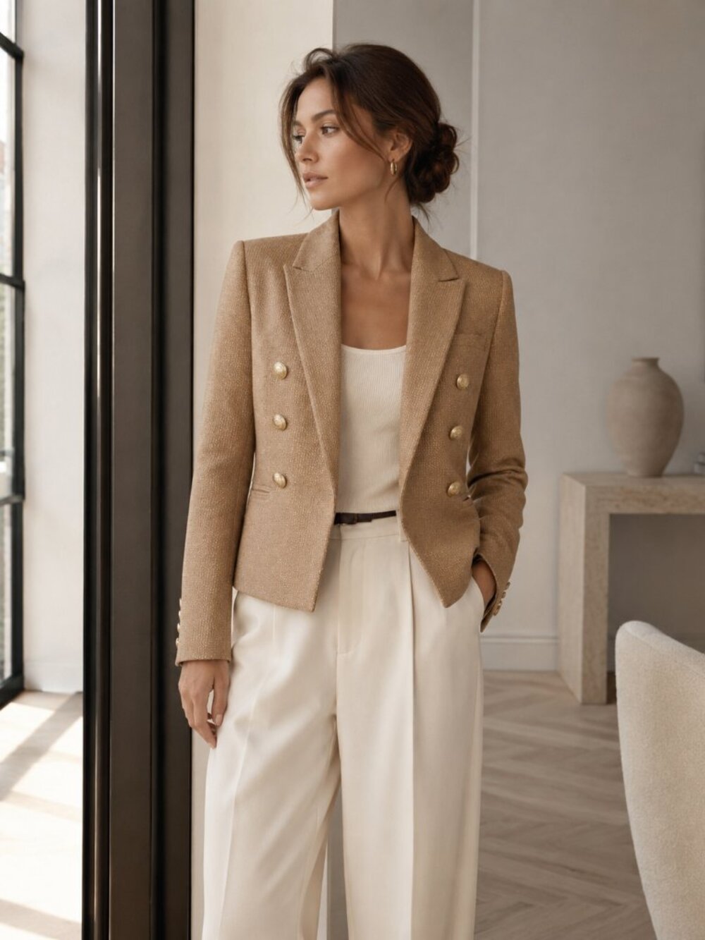 NWT L'AGENCE BROOKE CROPPED BLAZER IN METALLIC GOLD & LATTE BROWN